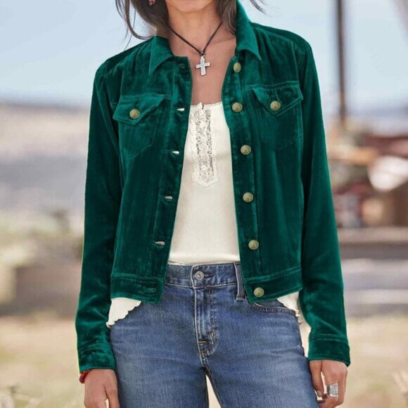 ⭐ Women's Solid Velvet Jacket Long Sleeve Short Coat with Pockets & Buckle - Picture 2 of 2